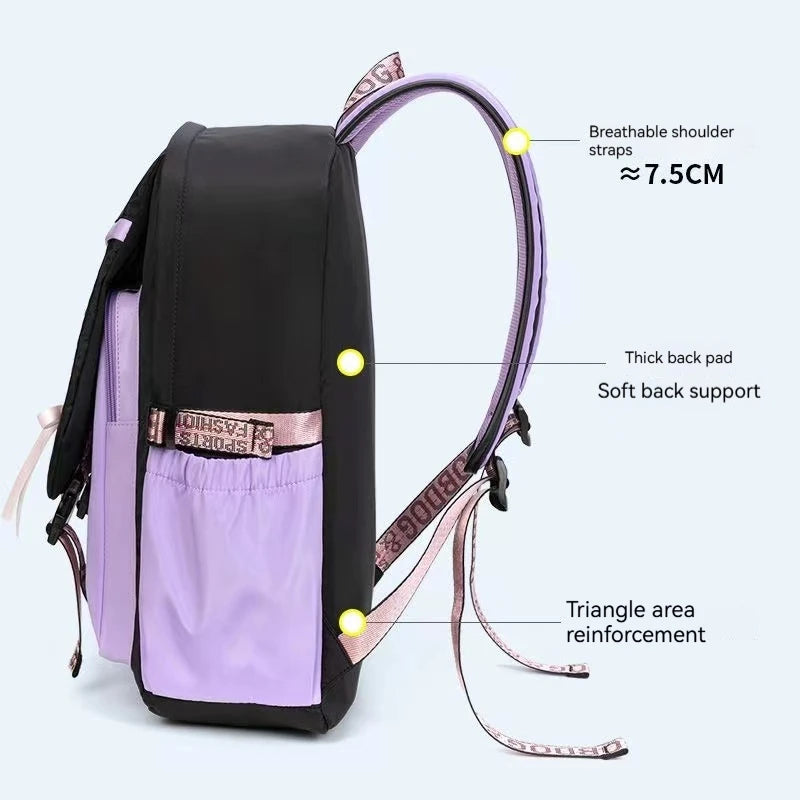 Backpack with labeled features on a light gray background