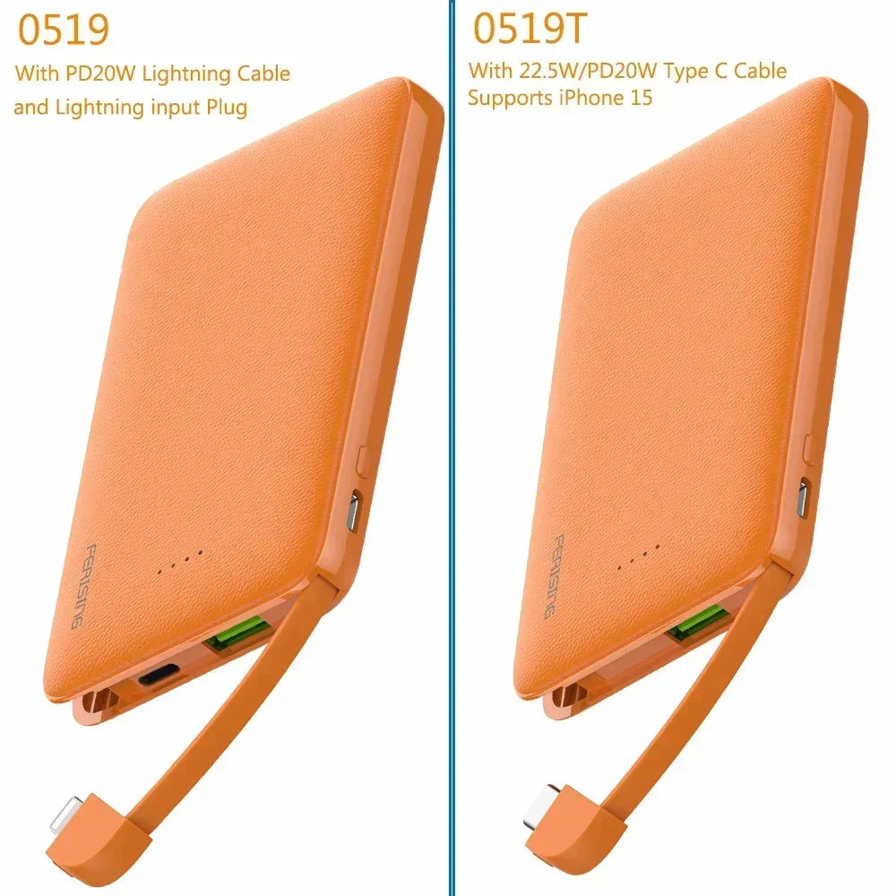 Two orange power banks with cables and plugs on a white background