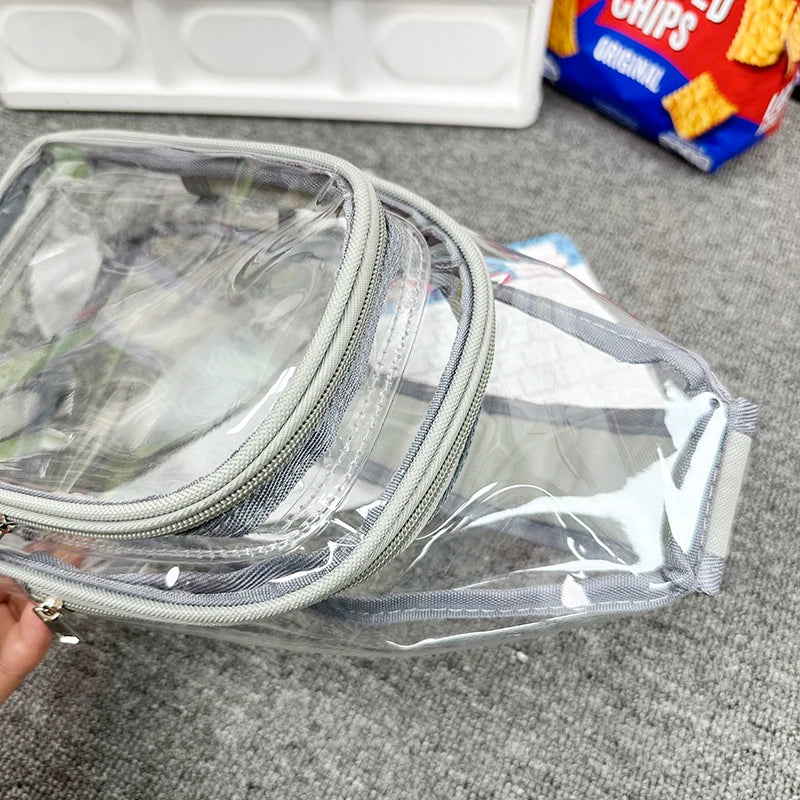 Clear plastic bag with a zipper on a gray surface