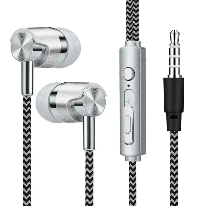 Silver earbud headphones with control cable on a white background