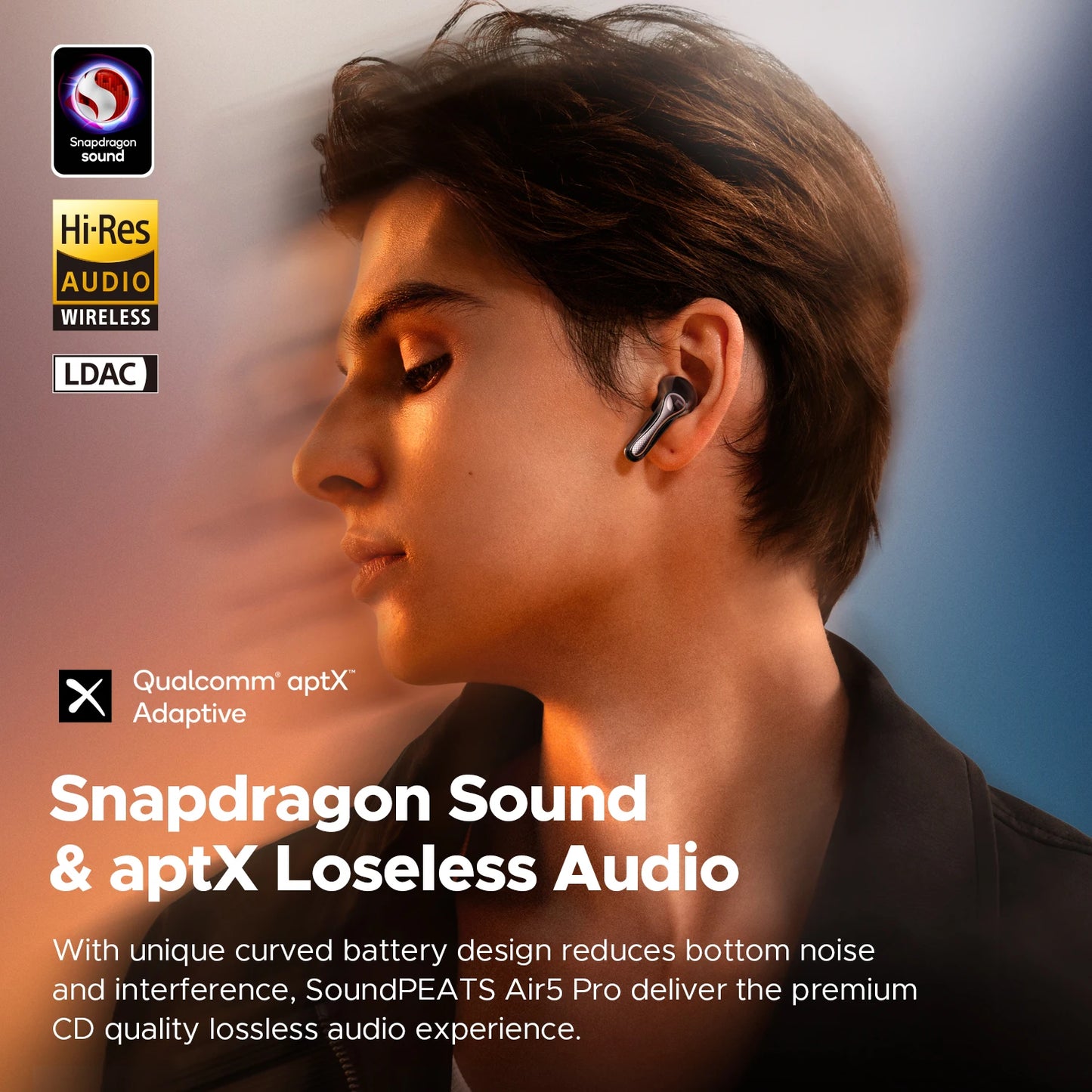 Person wearing wireless earbuds with Snapdragon Sound and aptX Loseless Audio branding.