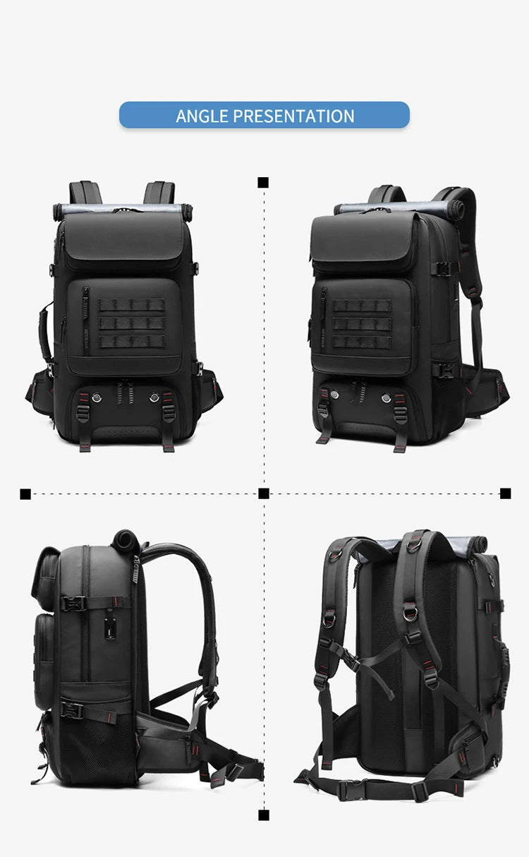 Black backpack shown from multiple angles on a white background