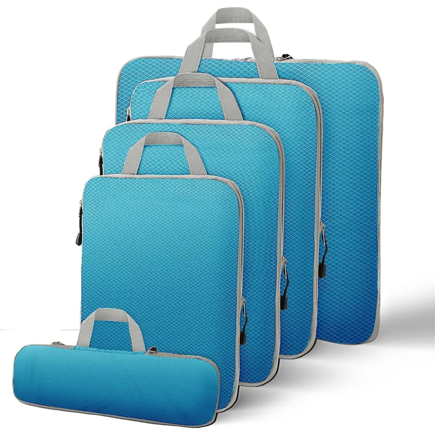 Set of blue packing cubes with gray handles on a white background