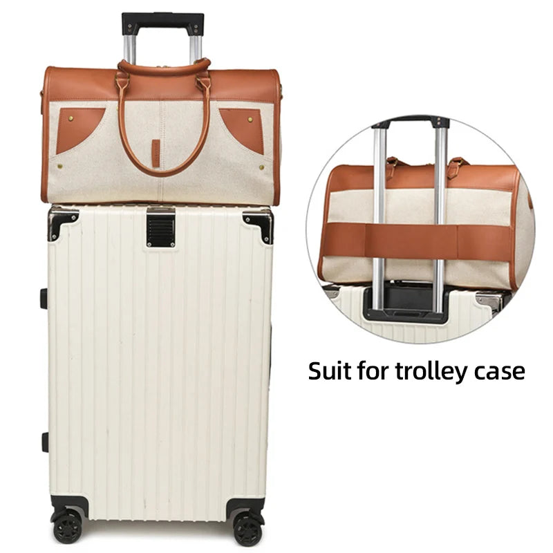 White trolley case with a brown and beige top bag, showing compatibility with a trolley case.