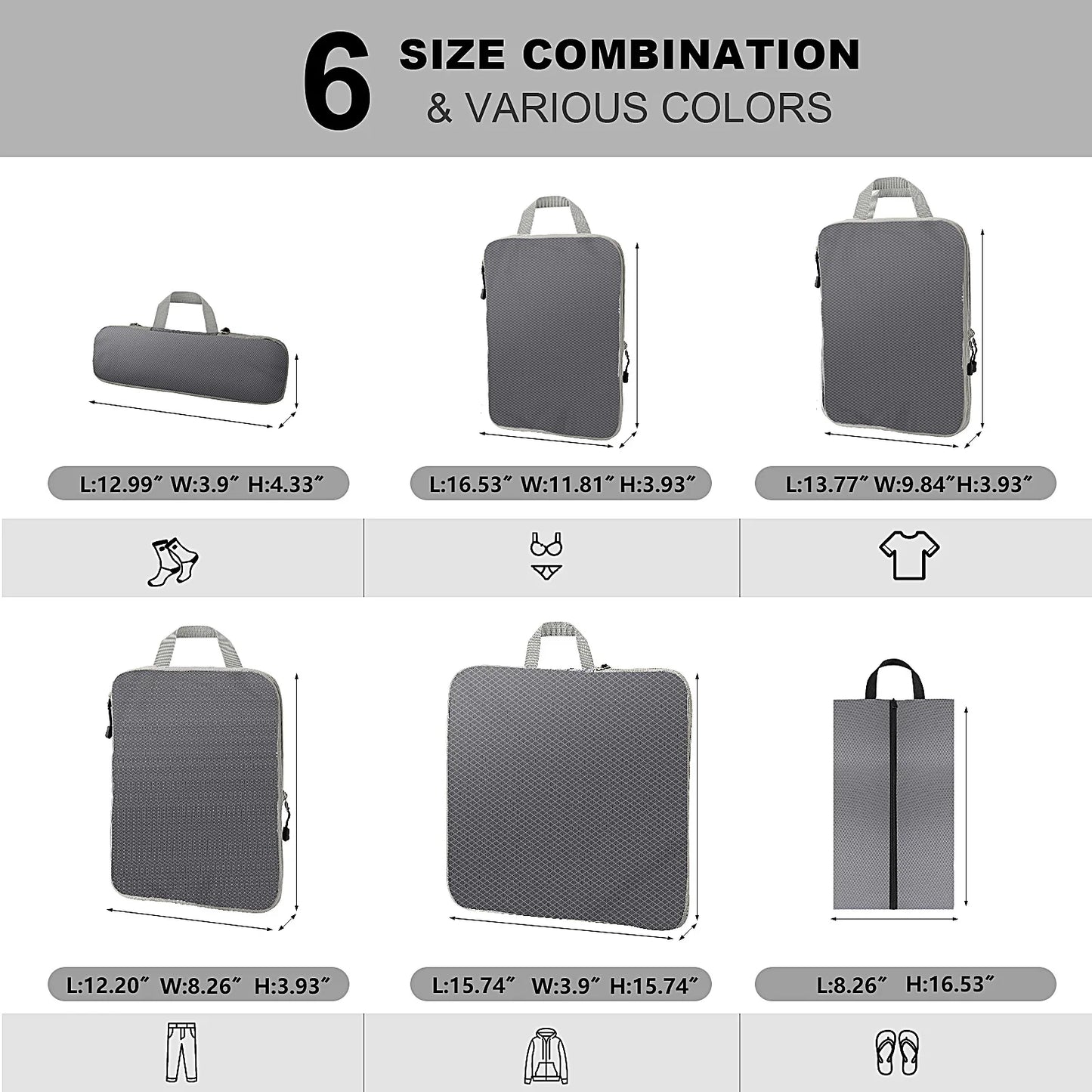 Gray bags of different sizes with dimensions and icons indicating their uses.