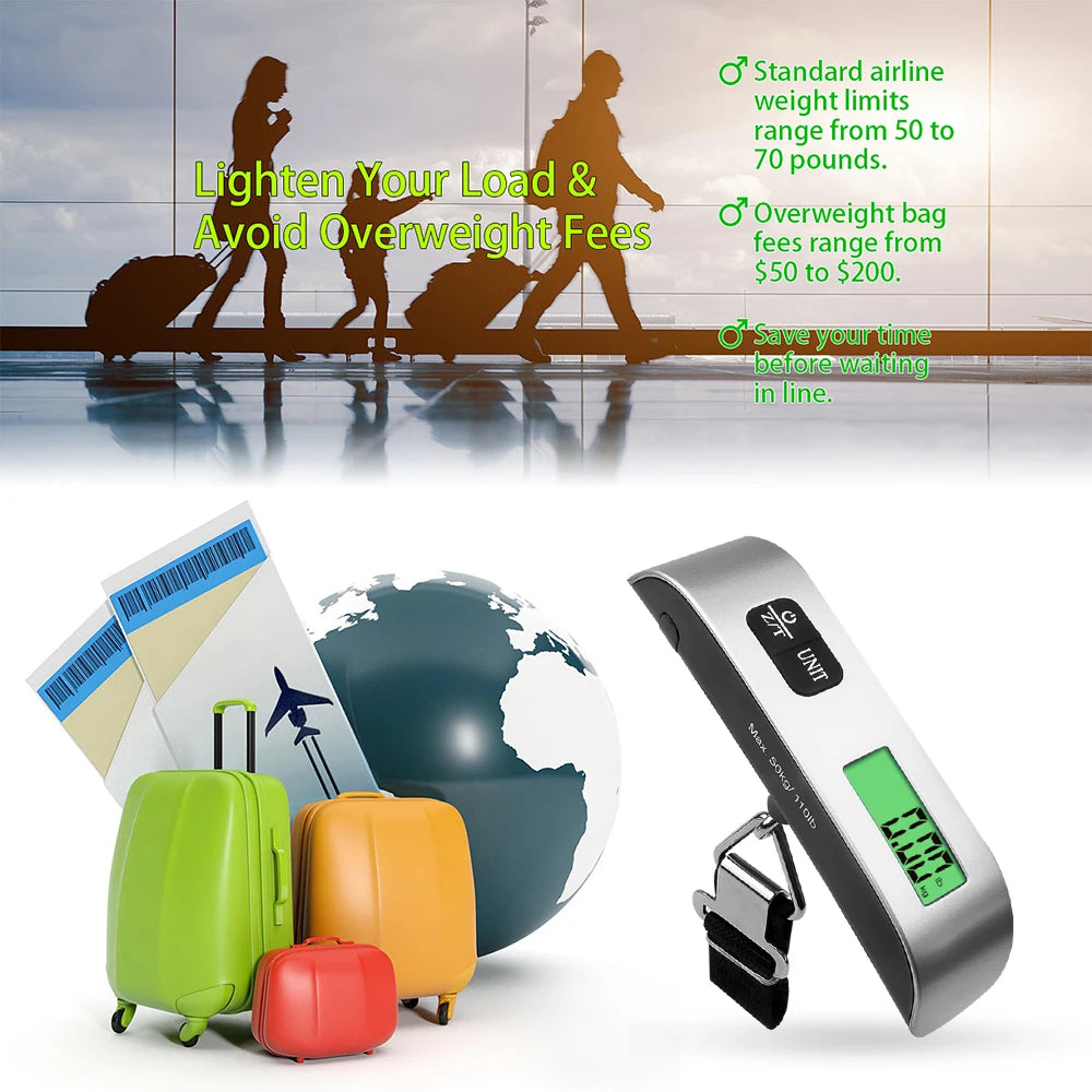 Digital luggage scale with travel bags and a globe, promoting weight limit awareness.