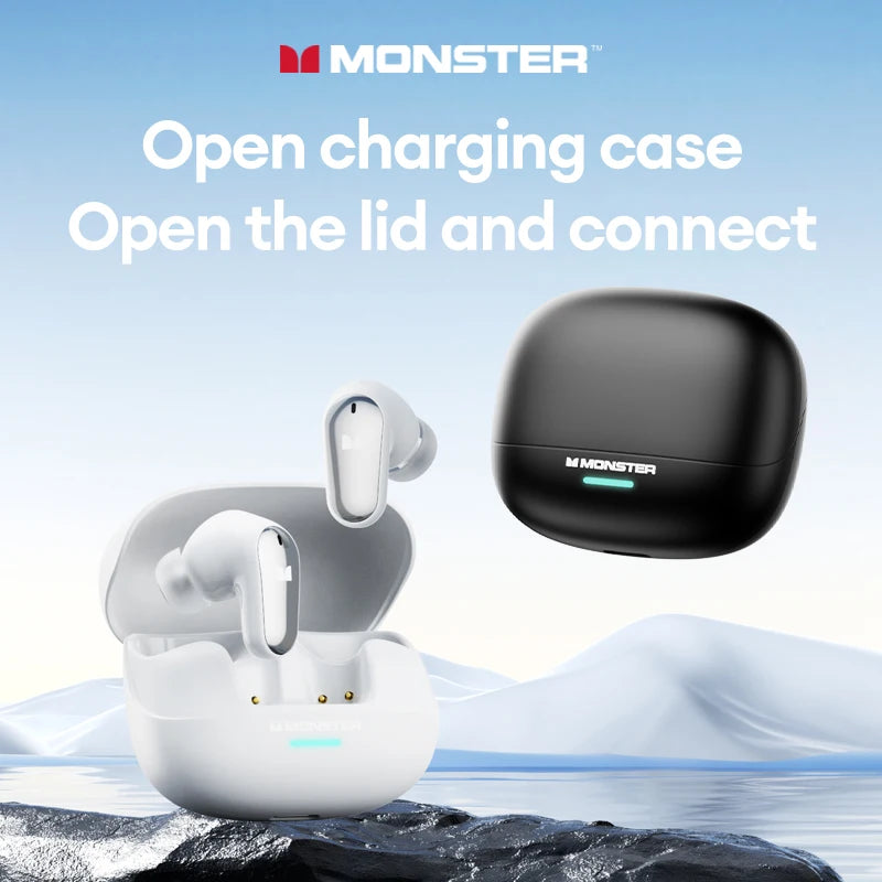 Monster wireless earbuds with charging case on a scenic background