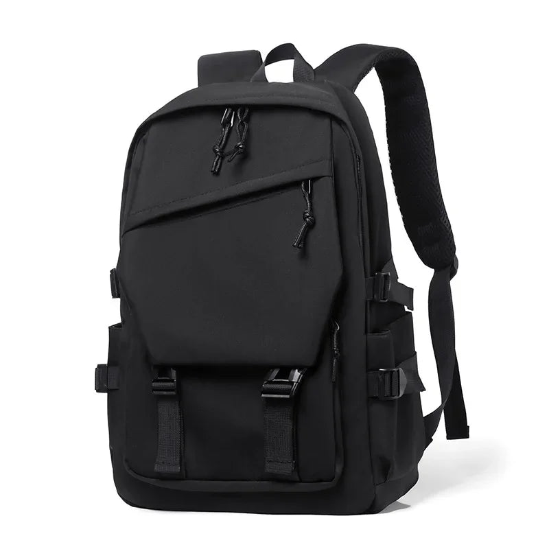 Sleek UrbanLite Travel Backpack in black, designed for students and travelers, featuring pockets and padded straps.