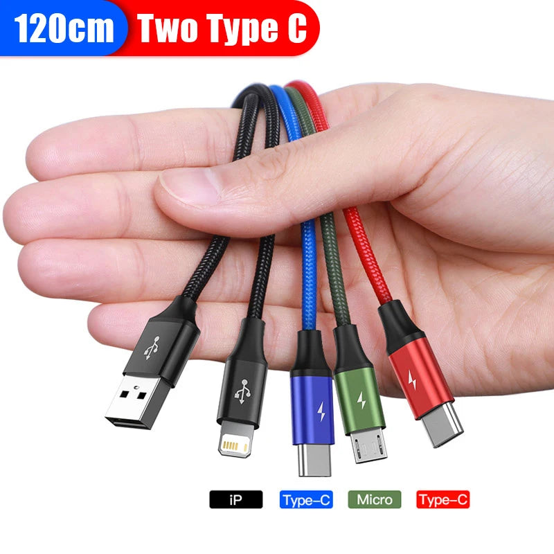 Hand holding four USB cables with different connectors on a white background