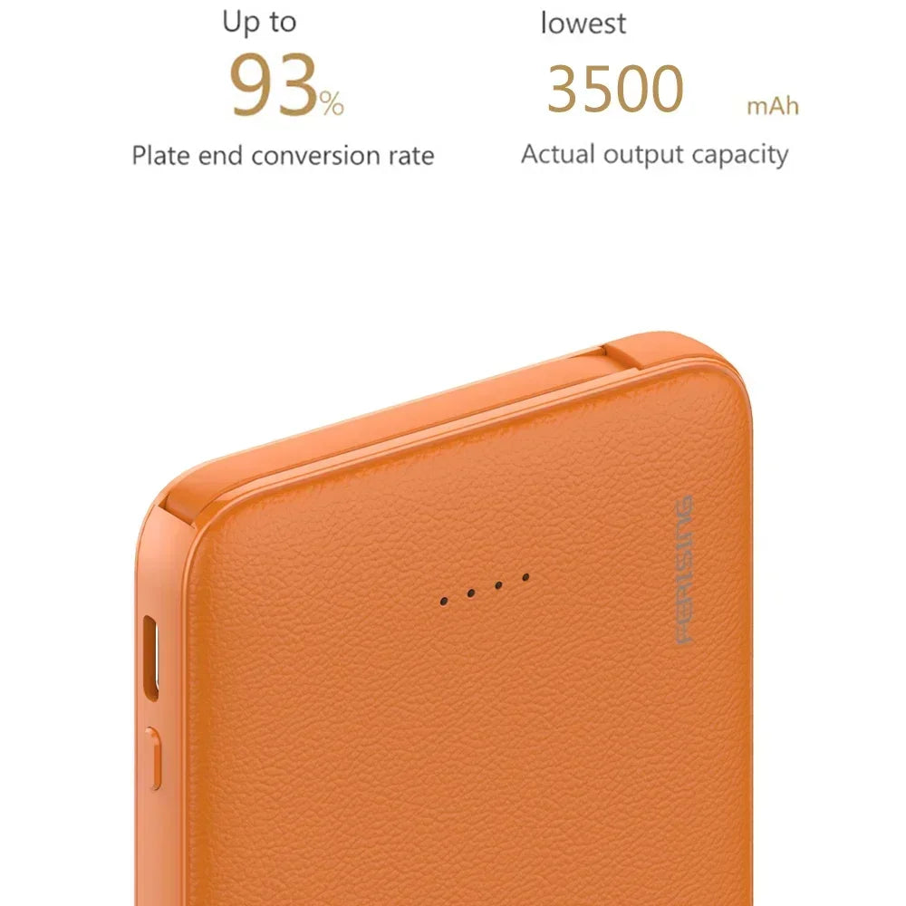 Orange power bank with text about efficiency and capacity on a white background