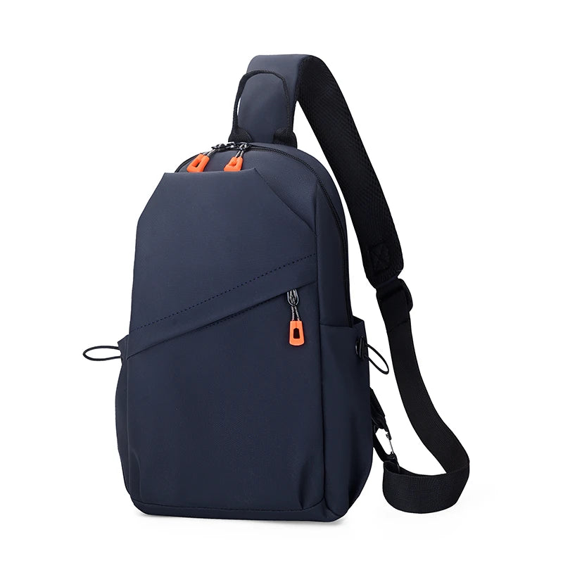 Navy blue sling bag with black strap on a white background