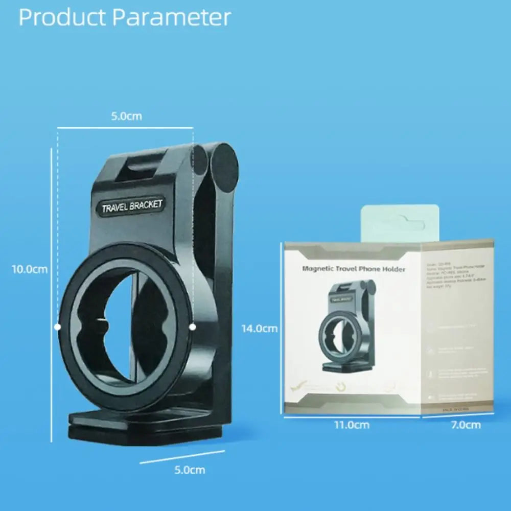 Black travel bracket with dimensions and packaging on a blue background