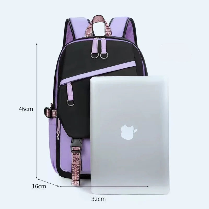 Purple and black backpack with a laptop showing dimensions on a white background