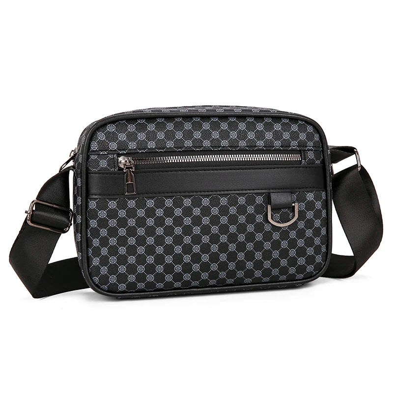 Black and gray patterned crossbody bag on a white background