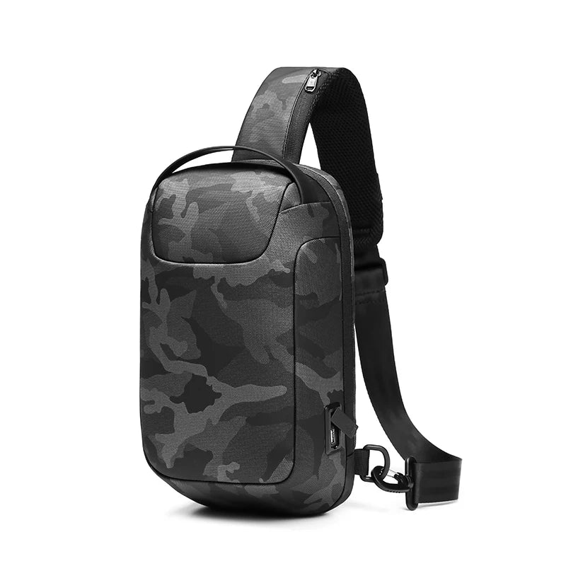 Camouflage-patterned sling bag on a white background