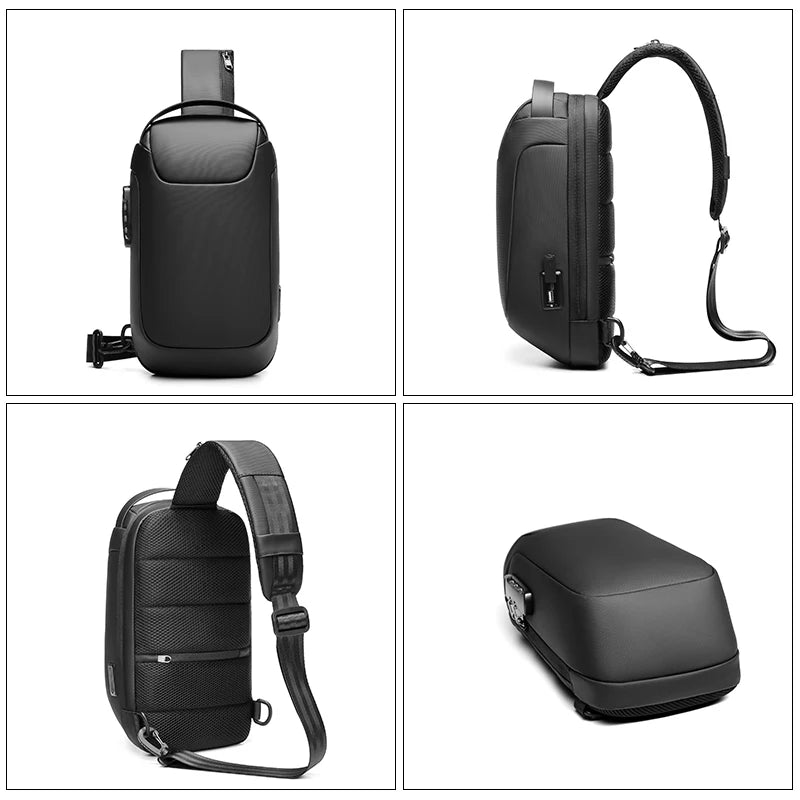 Black backpack shown from multiple angles on a white background