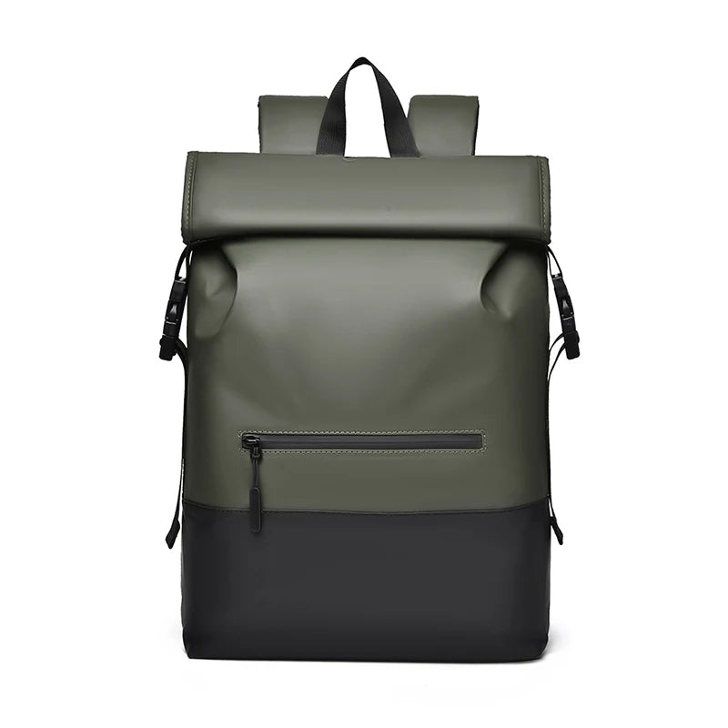 Green and black backpack on a white background