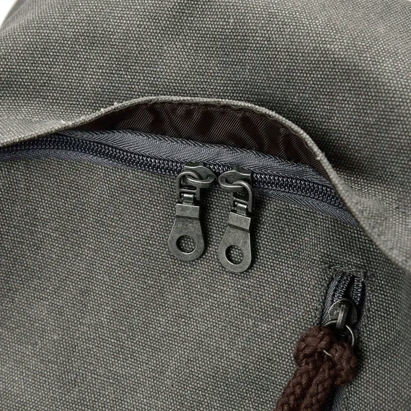 Close-up of a gray backpack with zippers and a handle.