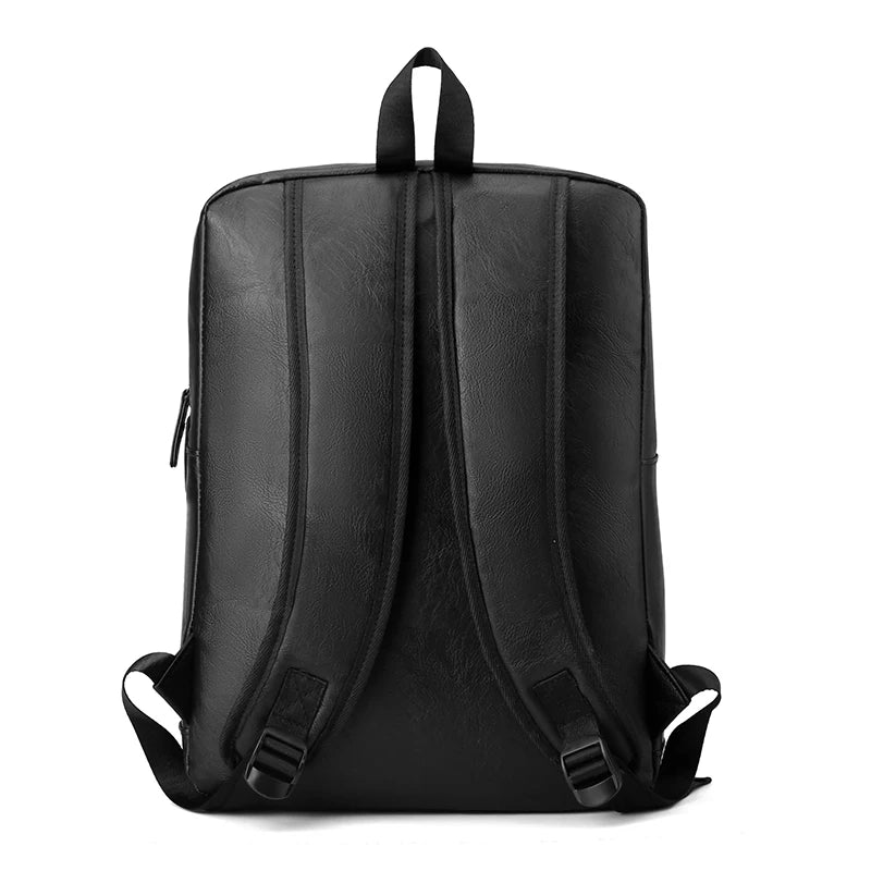 Black backpack shown from the back on a white background