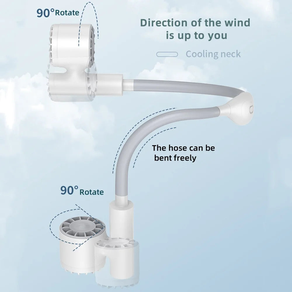 Flexible neck air cooler with features highlighted on a light blue background
