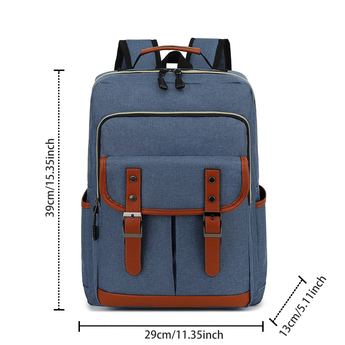Blue backpack with brown straps and measurements on a white background