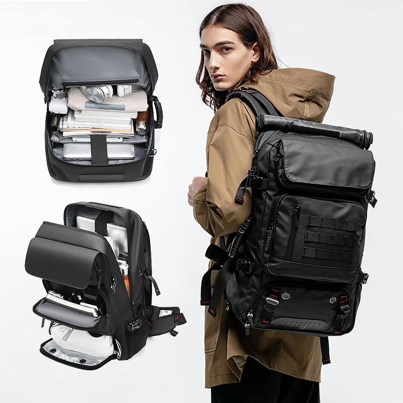 Person wearing a black backpack with open compartments showing organized items on a white background