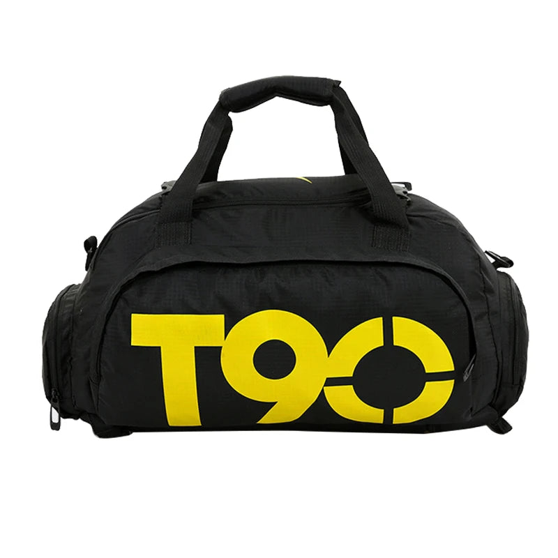 Black duffel bag with yellow 'T90' logo on a white background