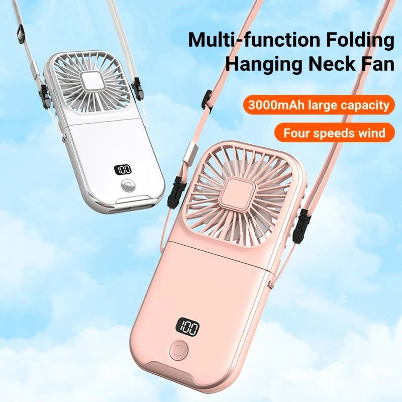 Multi-function folding hanging neck fan with pink and white designs on a blue sky background.