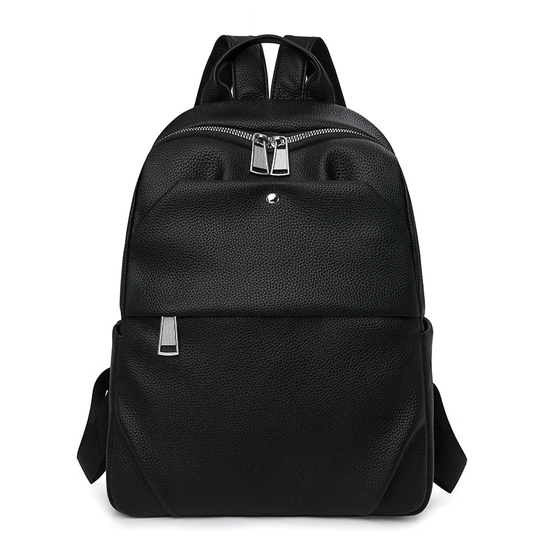 Black backpack with silver zippers on a white background