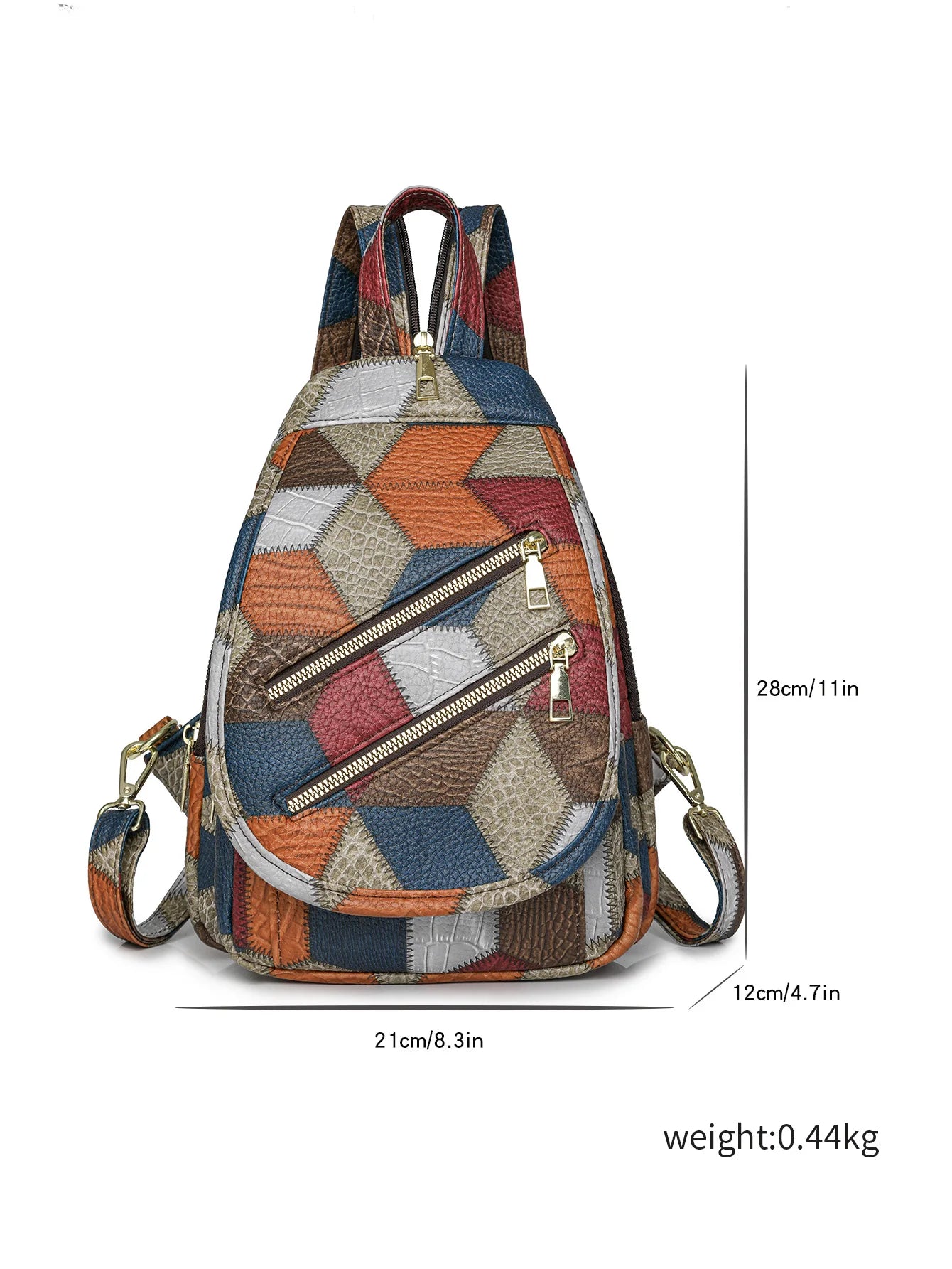 Multicolored patchwork backpack with measurements and weight on a white background