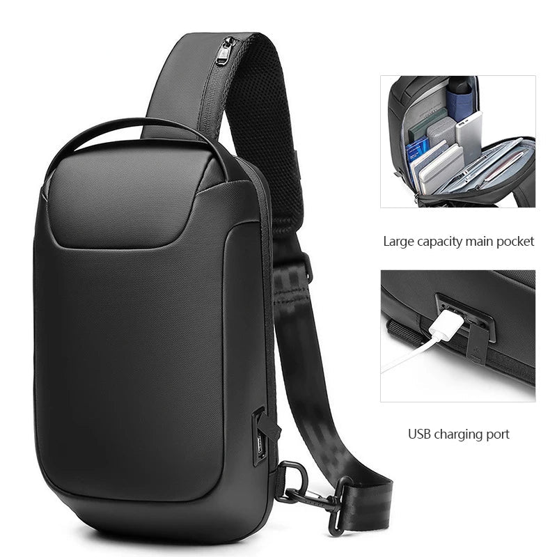 Black sling bag with USB charging port and large capacity main pocket on a white background