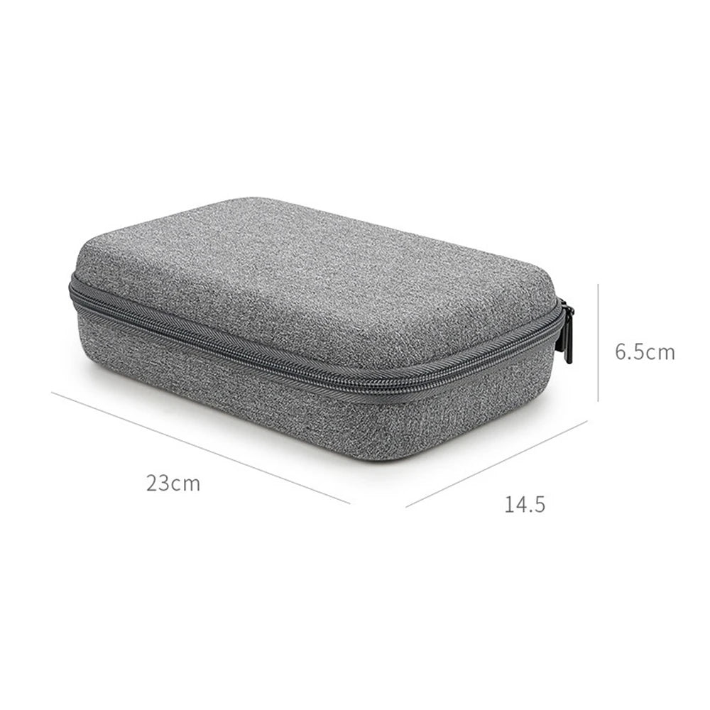 Gray rectangular case with dimensions labeled on a white background