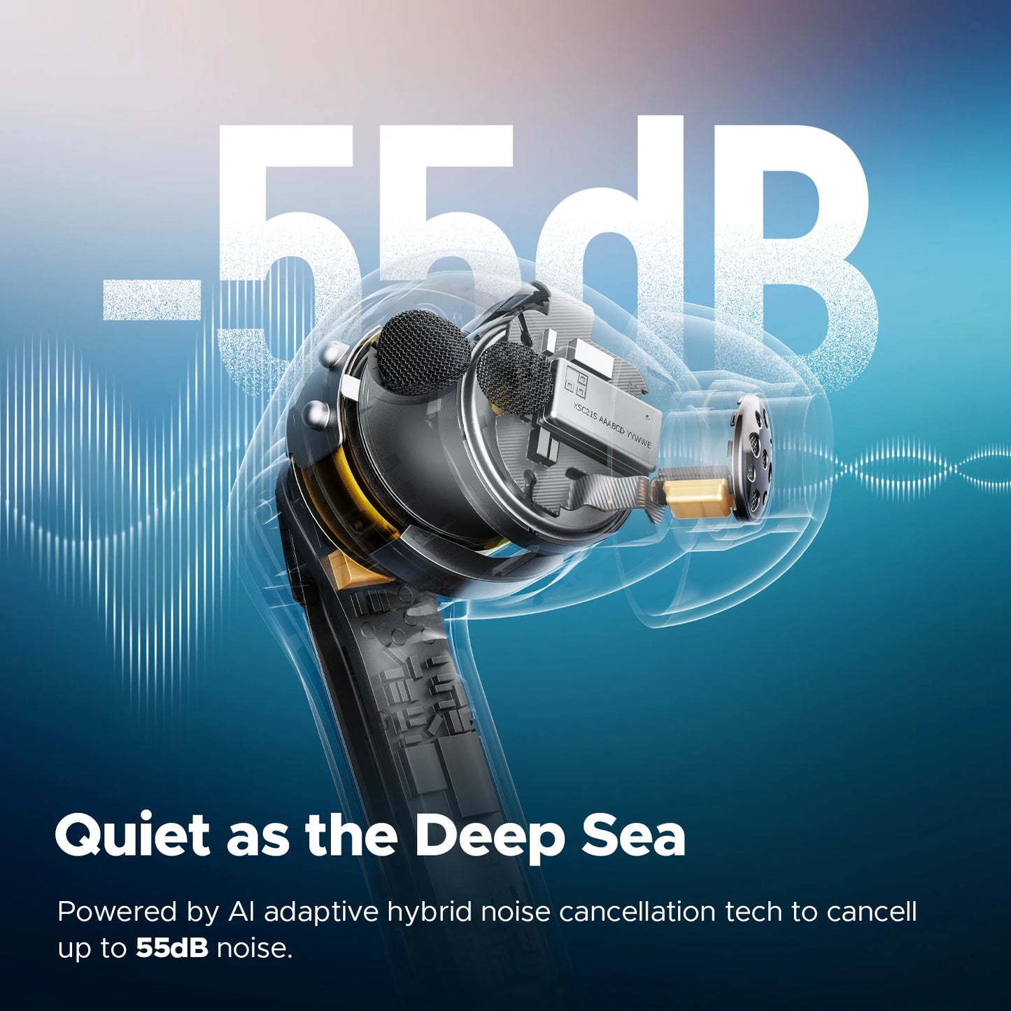Hearing aid with noise cancellation technology on a blue background