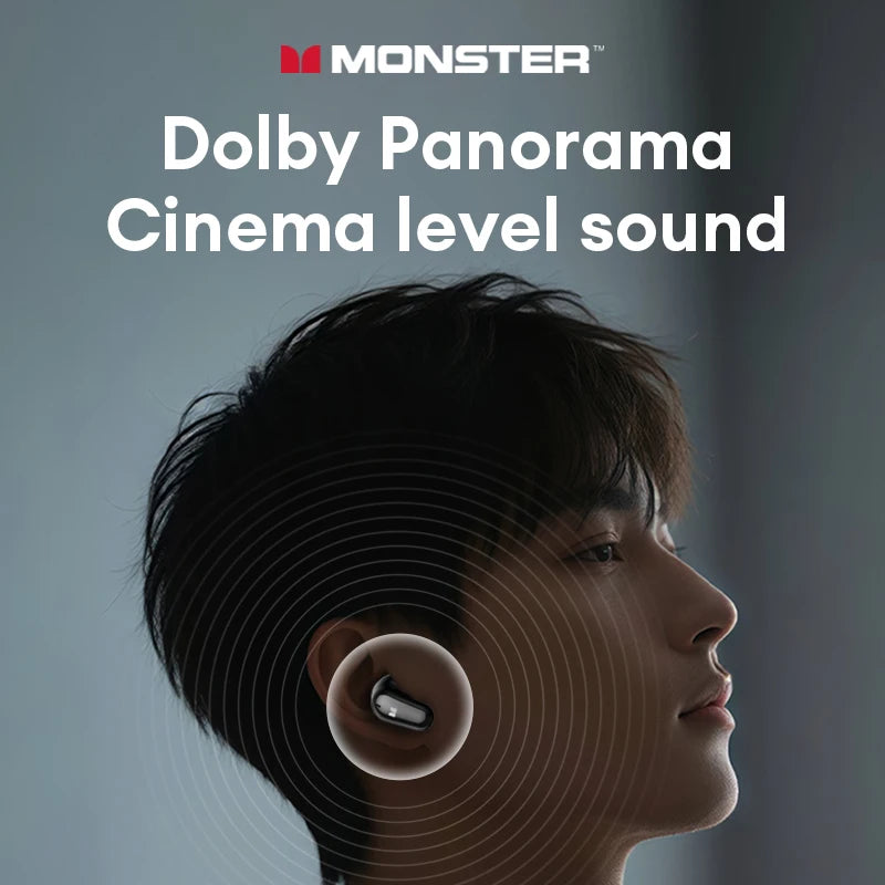 Advertisement for Monster Dolby Panorama with a person wearing a wireless earbud, set against a dark background.