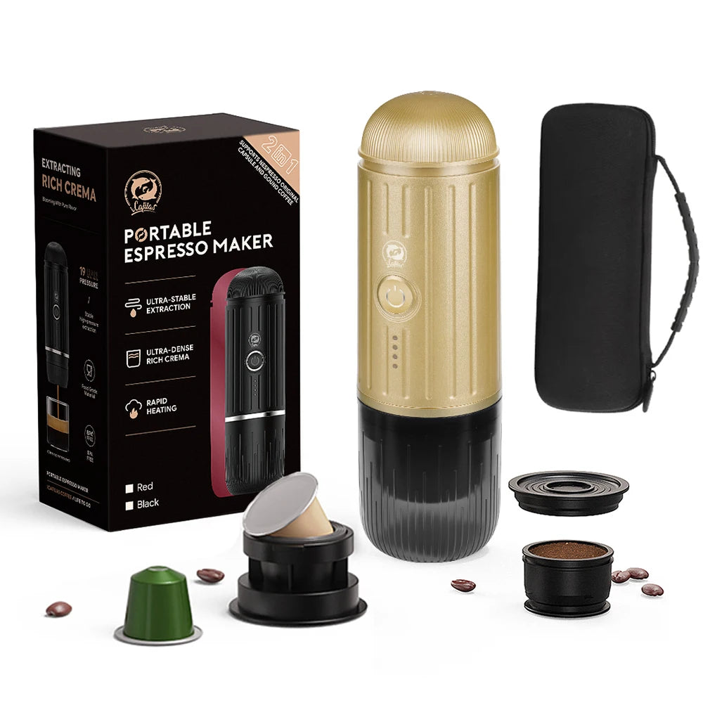 Portable espresso maker with accessories and packaging on a white background