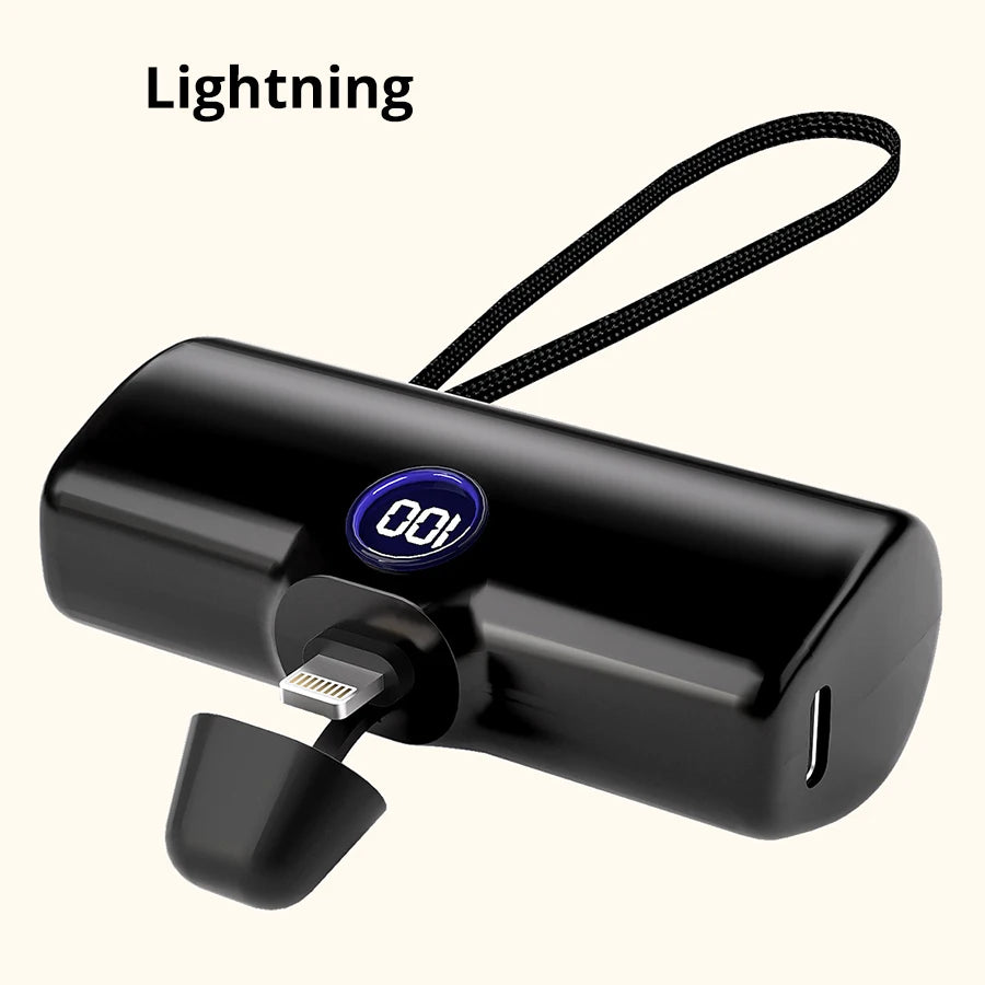 Black portable charger with lightning connector on a white background