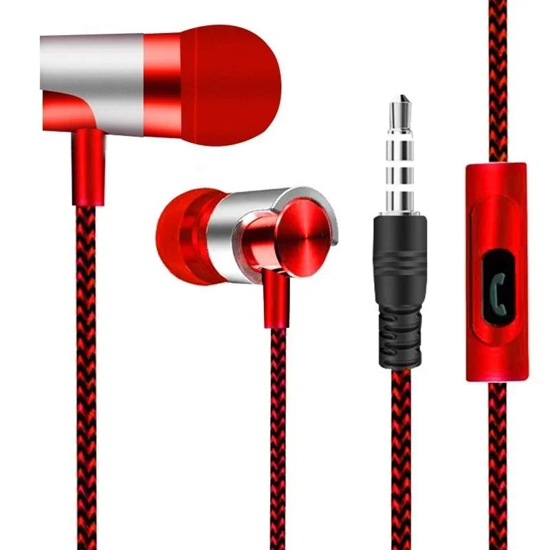 Red and silver earphones with a detachable cable on a white background