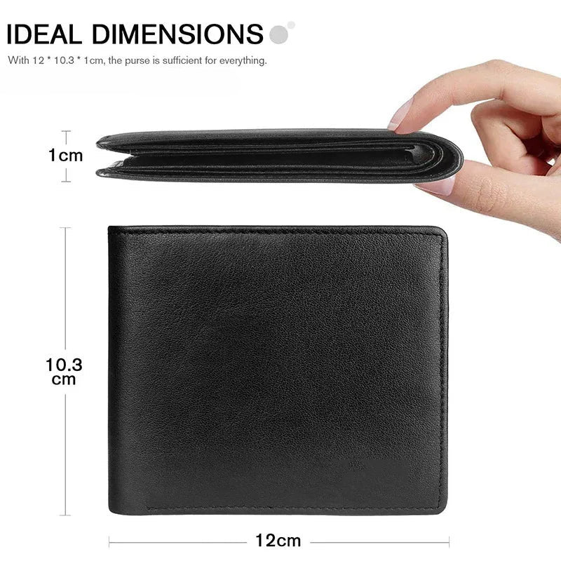 Black wallet held by a hand with dimensions displayed