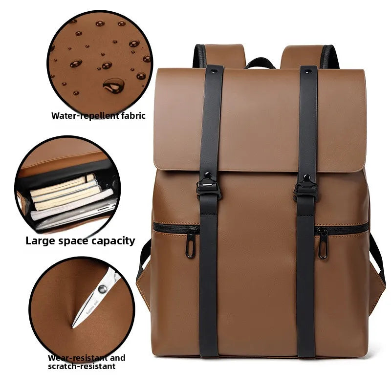 Brown backpack with black straps on a white background, featuring water-repellent fabric, large space capacity, and wear-resistant design.