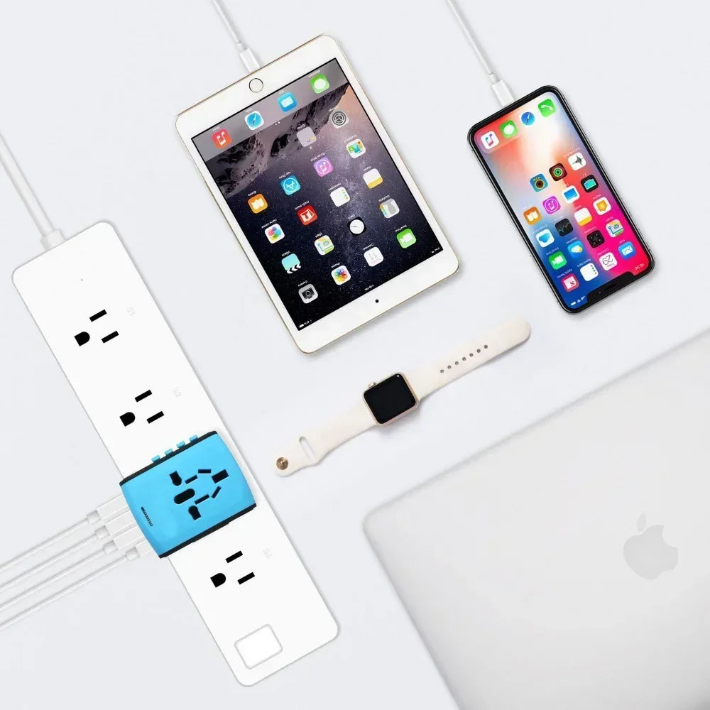 Multiple electronic devices including a tablet, smartphone, smartwatch, and laptop on a white surface.