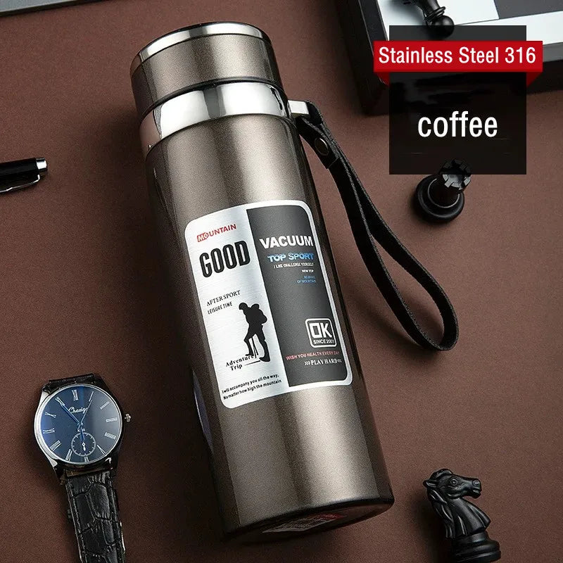 Stainless steel vacuum flask with brand label on a brown background