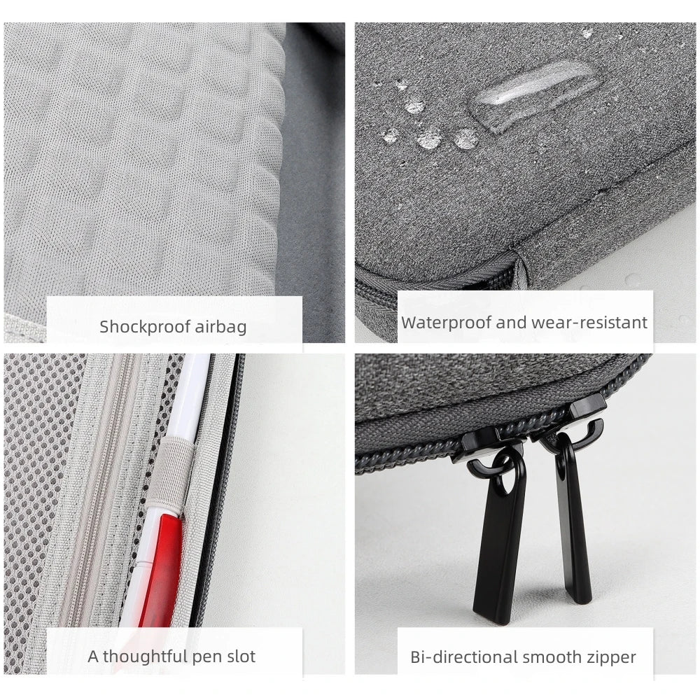 Collage of a gray backpack with features labeled: shockproof airbag, waterproof and wear-resistant, a thoughtful pen slot, and bi-directional smooth zipper.