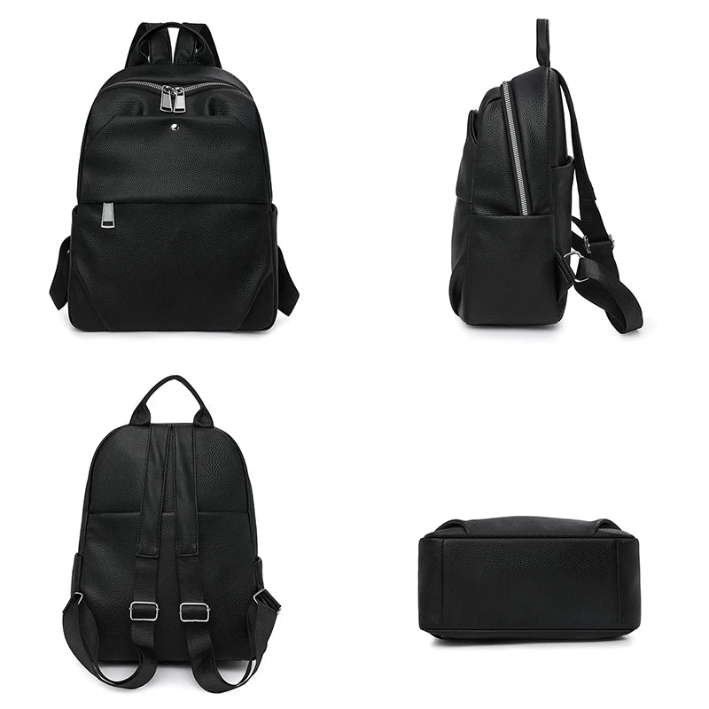 Black backpack shown from multiple angles on a white background