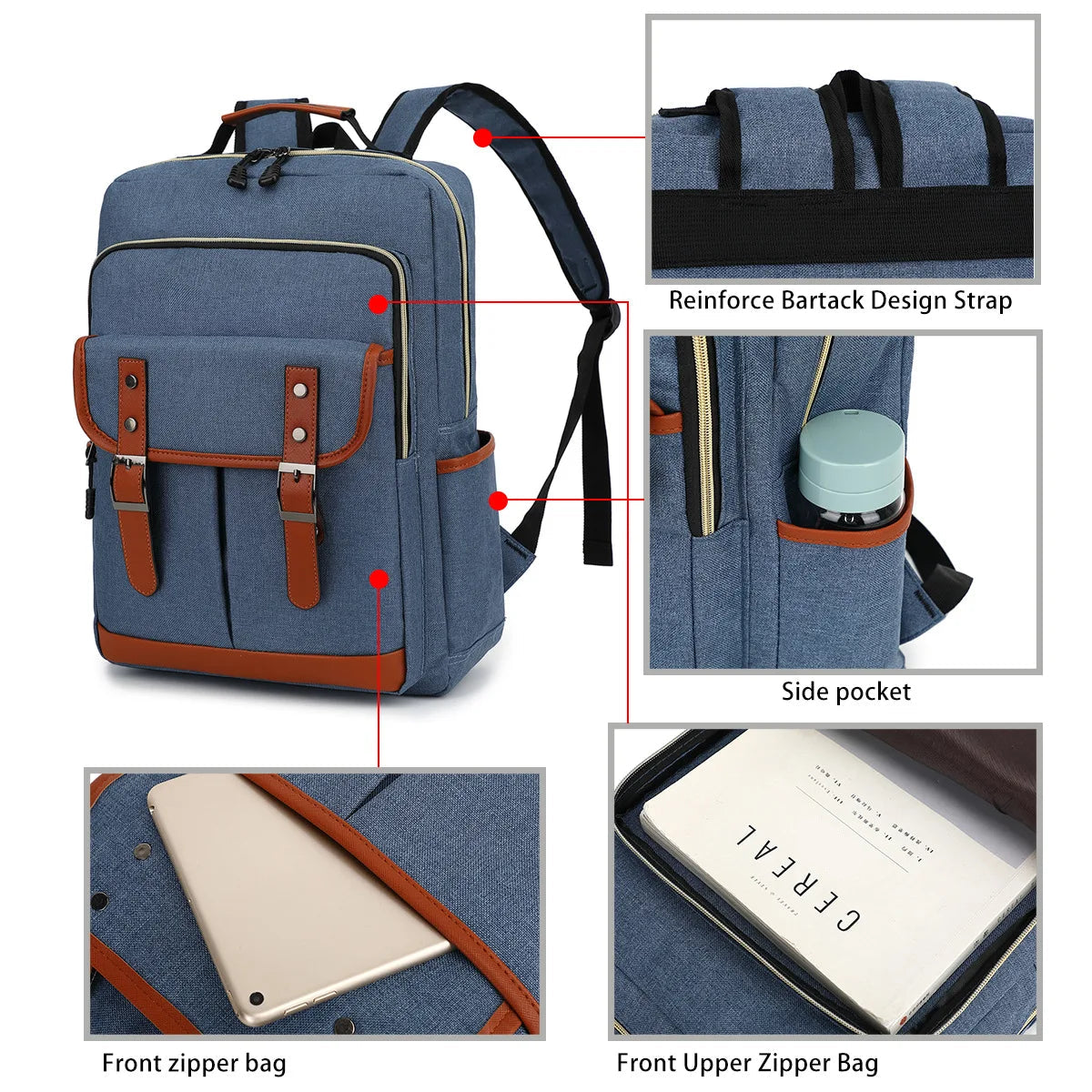 Blue backpack with features highlighted, including a side pocket, front zipper bag, and reinforce bartack design strap.