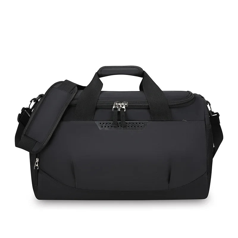 Black duffel bag with shoulder strap on a white background