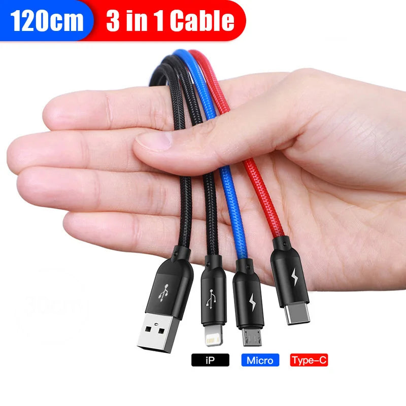 Hand holding a 3-in-1 cable with USB, Micro, and Type-C connectors on a white background.