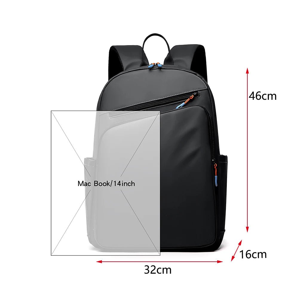 Black backpack with dimensions and a Mac Book/14inch placeholder on a white background