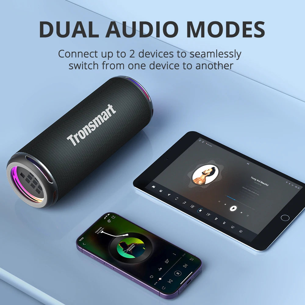 Tronsmart speaker with smartphone and tablet on a blue background, highlighting dual audio modes.