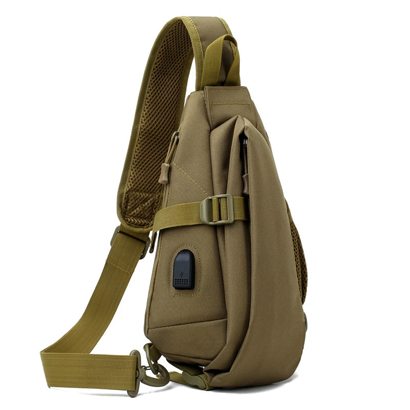Khaki sling bag with a strap on a white background