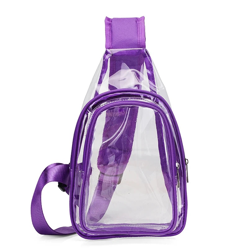 Clear sling bag with purple straps on a white background